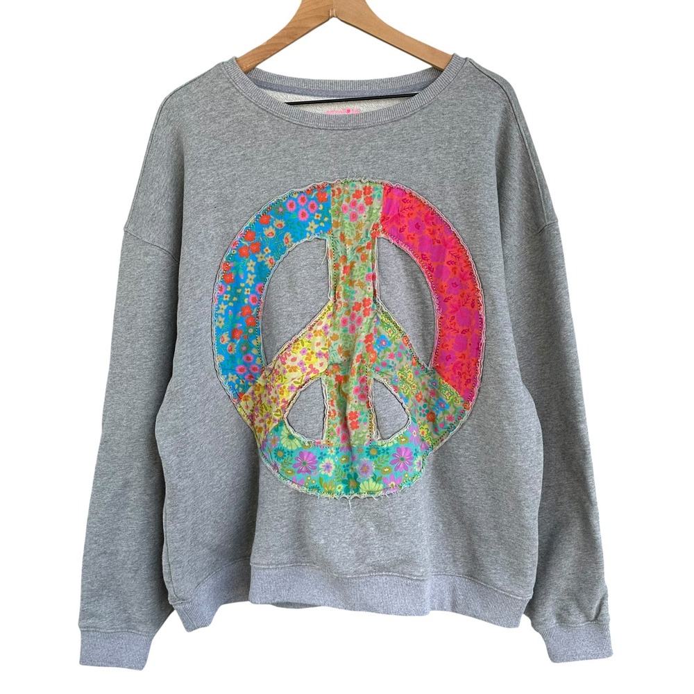 Natural Life Women Gray Patchwork Floral Peace Sign Oversized Sweatshirt S/M